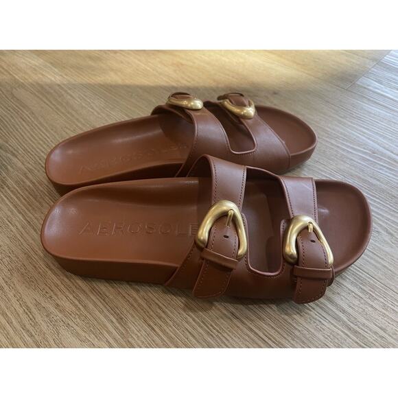 Aerosoles Size 7.5 Buckle Slide Sandals Brown Dual Band - Picture 1 of 5